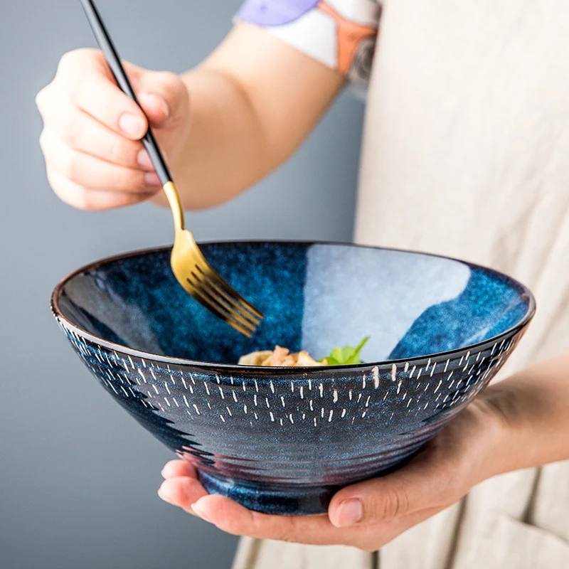 Fanxing Threaded Bowl Ceramic Ramen Bowl Large Soup Bowl Household Bamboo Hat Bowl Salad Bowl European Tableware Open Bowl