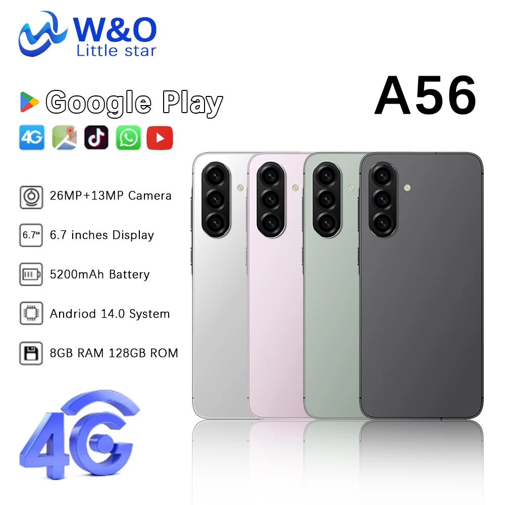 Global Version W&O A56 4G Smartphone Android 14 Dual SIM 6.7 Inch HD+ 8GB+128GB Mobile phone 5200mAh 26MP Camera Cellphone