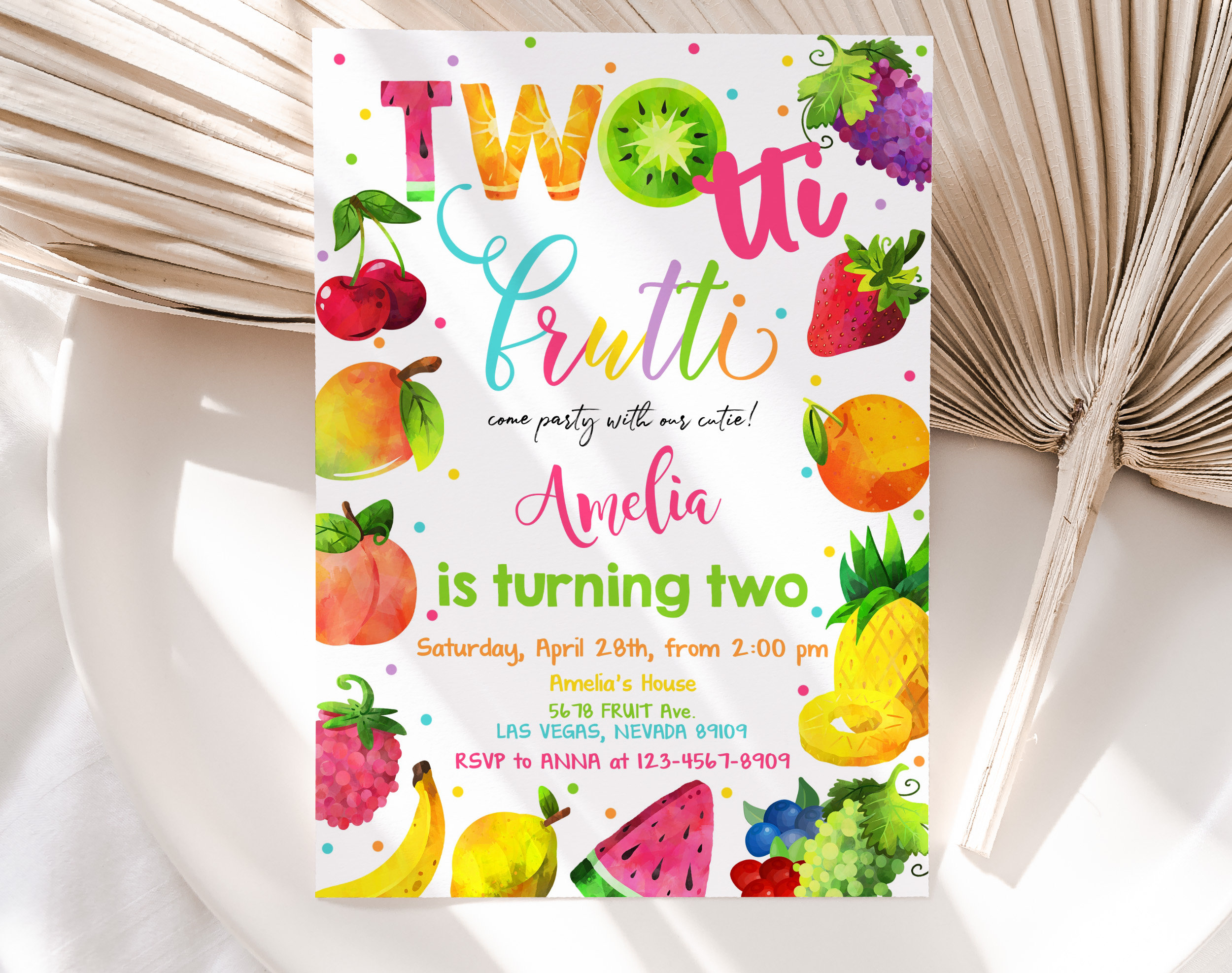 Invito di compleanno Twotti Frutti Tutti Fruity Invito di compleanno per il secondo anno Festa estiva tropicale Frutta Twotti Ananas Anguria MODIFICAB