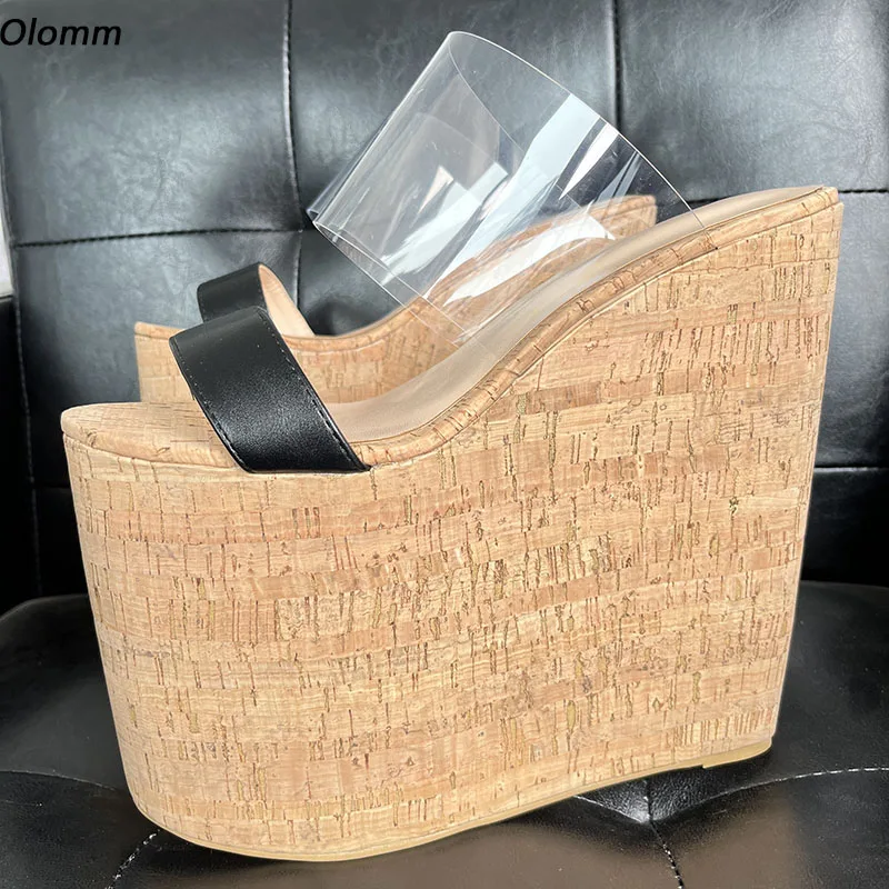 Olomm Handgemachte Damen Plateau Pantoletten Sandalen Keile High Heels Runde Zehen Elegante schwarze Freizeitschuhe Damen US Plus Größe 5-15