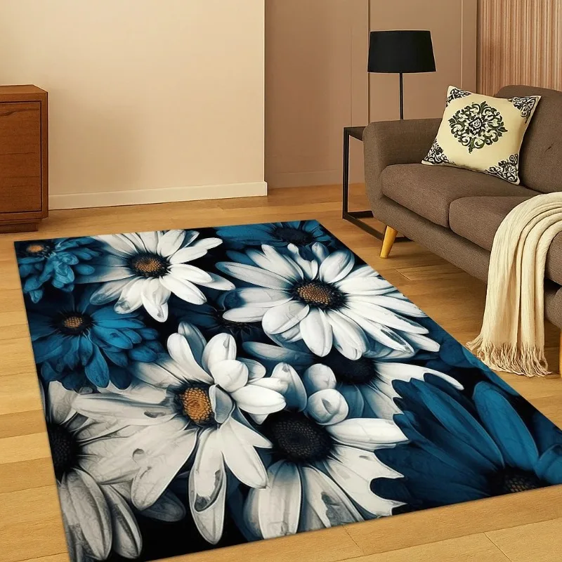 Gänseblümchen-Sonnenblumen-Blumenmuster-Teppich für Zuhause, Schlafzimmer, Retro-Teppich, Wohnzimmer, Sofa, Fußmatte, Küche, Dekor, rutschfeste Teppichmatte Image