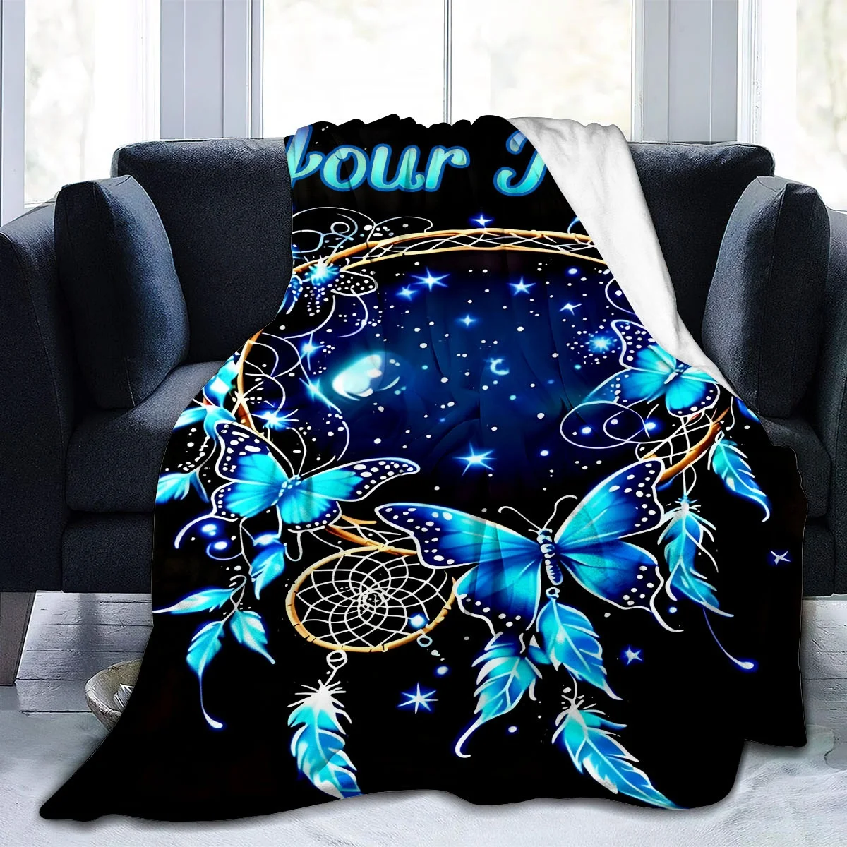 Verträumte bunte Schmetterlingsdecke mit personalisiertem Namen, Flanellstoff, Digitaldruck, weich und warm, geeignet für alle Jahreszeiten Image