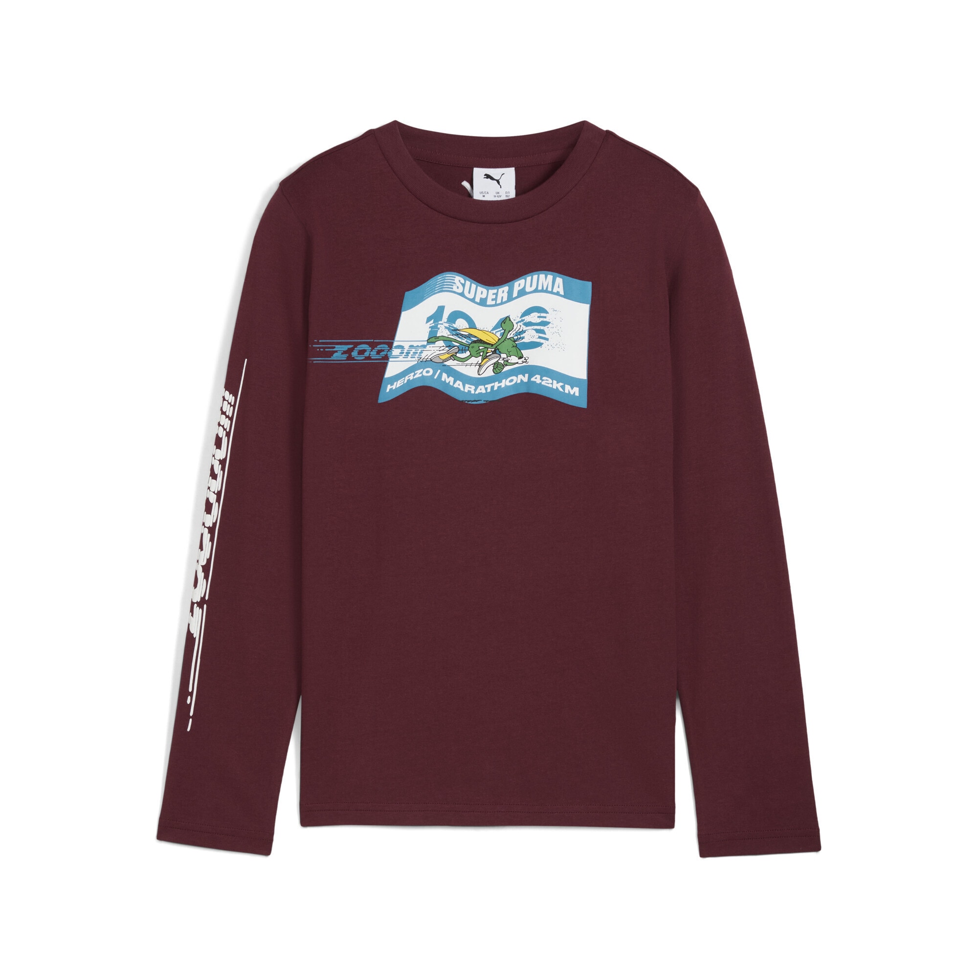 T-Shirt PUMA "Super PUMA Graphic Langarmshirt Jungen", Jungen, Gr. 128, rot (ruby shimmer rot), 100% Baumwolle, bedruckt, regular fit, Rundhals, Shirts T-Shirt