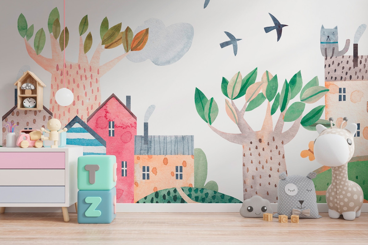 Vliestapete A.S. CRÉATION "Kinderzimmer-Tapete Häuser & Heißluftballon Bunt", bunt, B:2,5m H:0,02m L:3,75m, Vlies, Tapeten