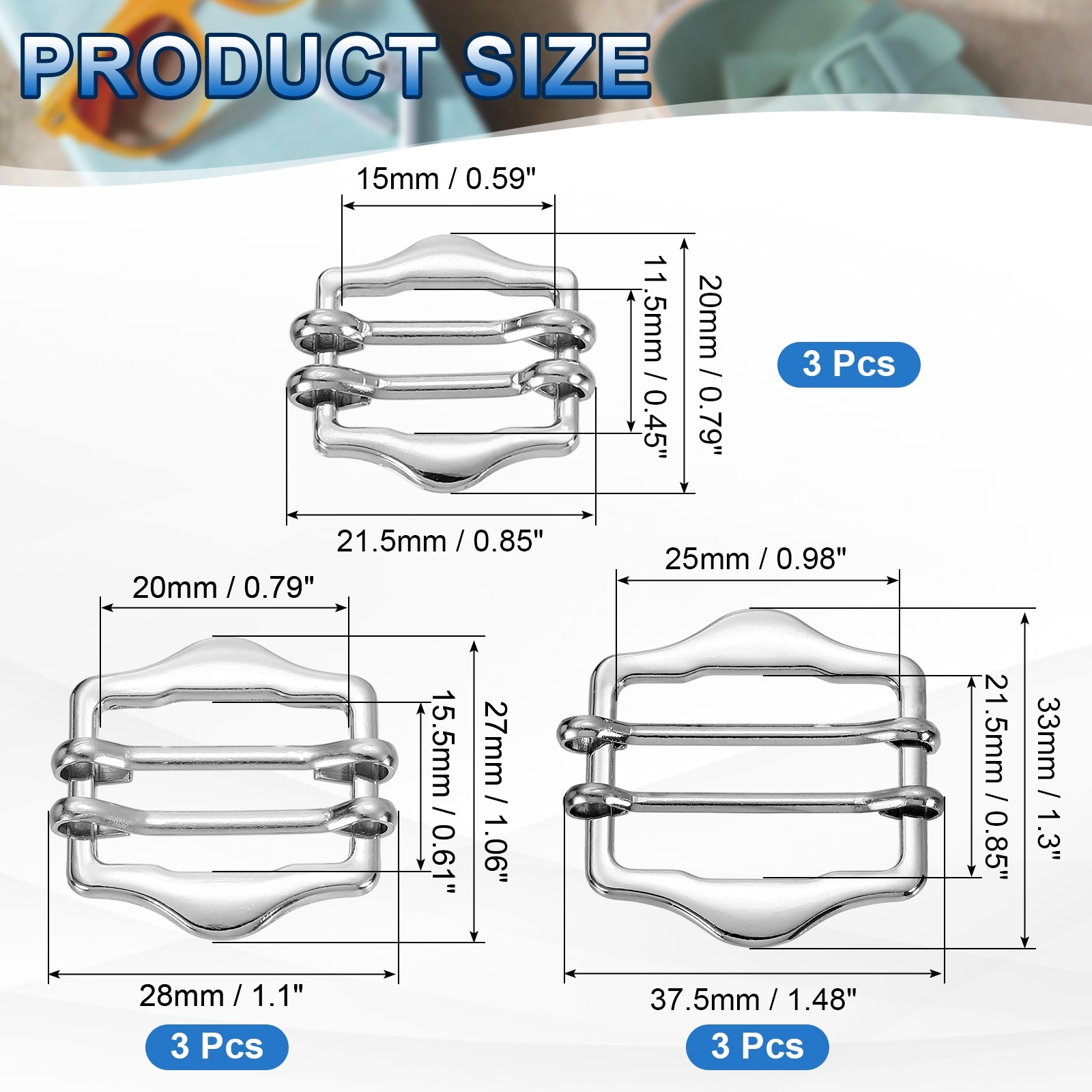 Metal Slide Buckles, Double-Pin Webbing Strap Roller Adjuster, Slider Buckle Tightener for Belt Cloth Bags - 15mm, 20mm, 25mm
