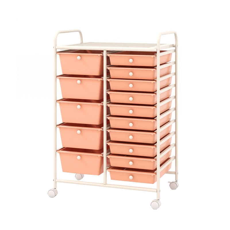 COSTWAY Rollwagen mit 15 stapelbaren Schubladen, Rollcontainer mit Metallrahmen und Ablage, 63 x 37 x 87 cm (Hellrosa) Image