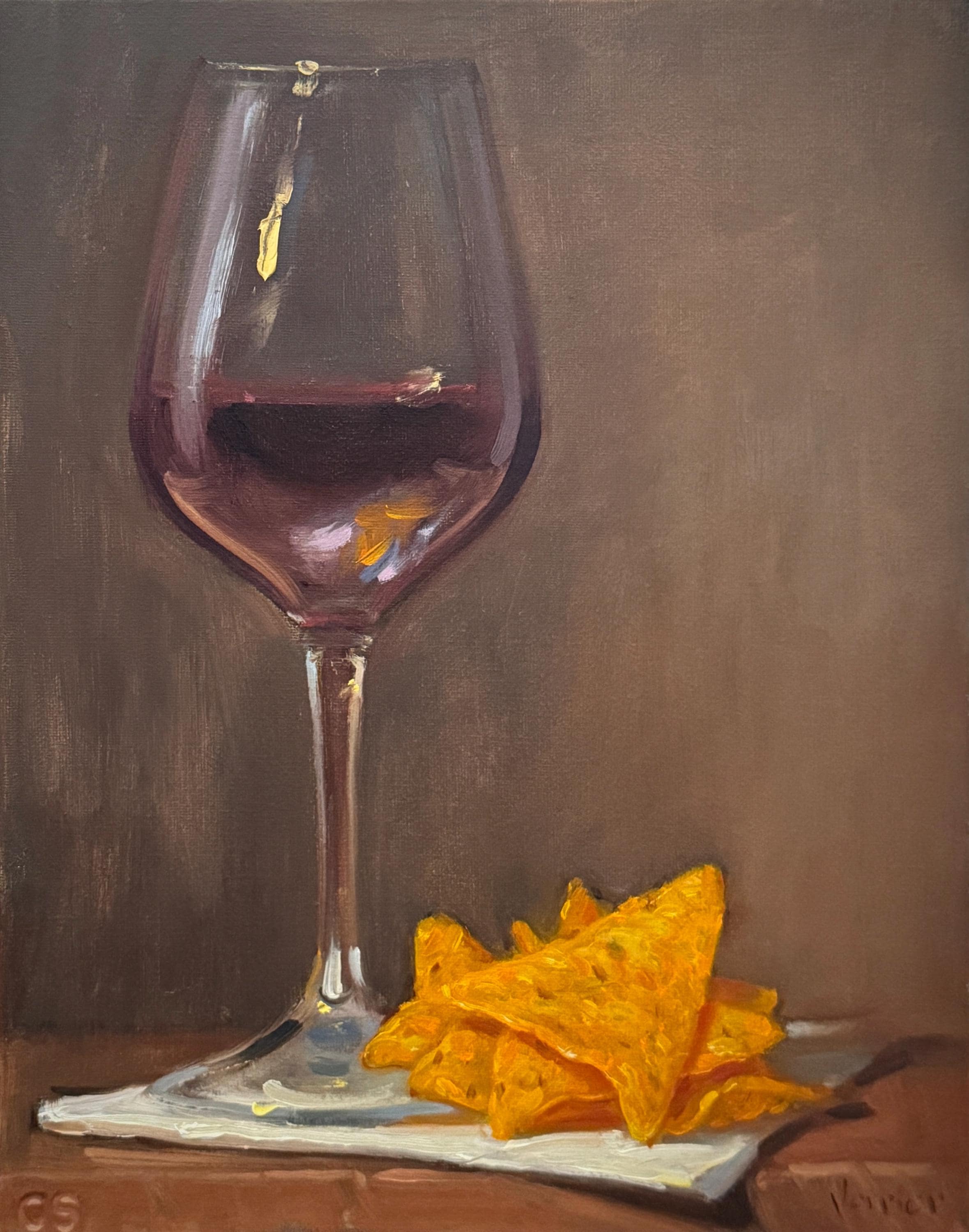 Vino e Doritos - NOAH VERRIER Dipinto originale a olio di natura morta, stampa artistica firmata