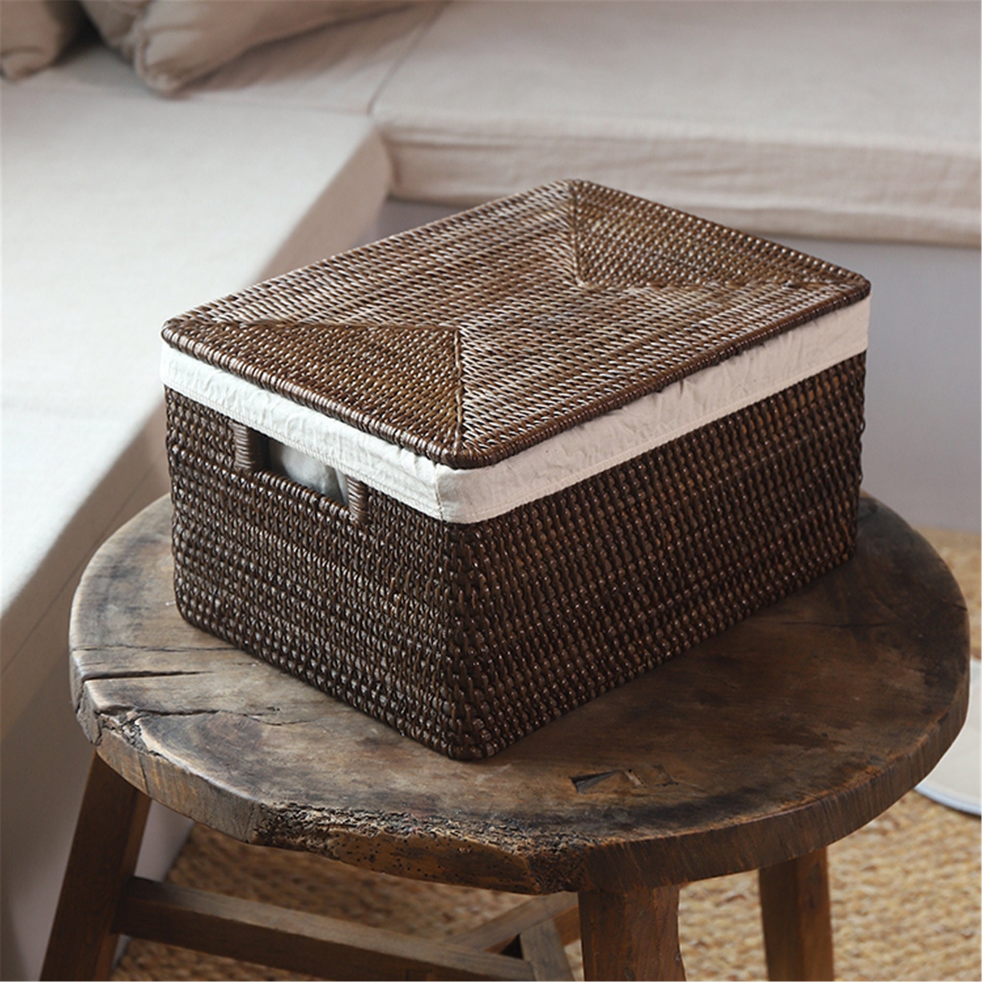 Cestino portaoggetti quadrato in rattan intrecciato, Cestino portaoggetti in rattan con manico, Cestino portaoggetti per vestiti e giocattoli, Decoraz