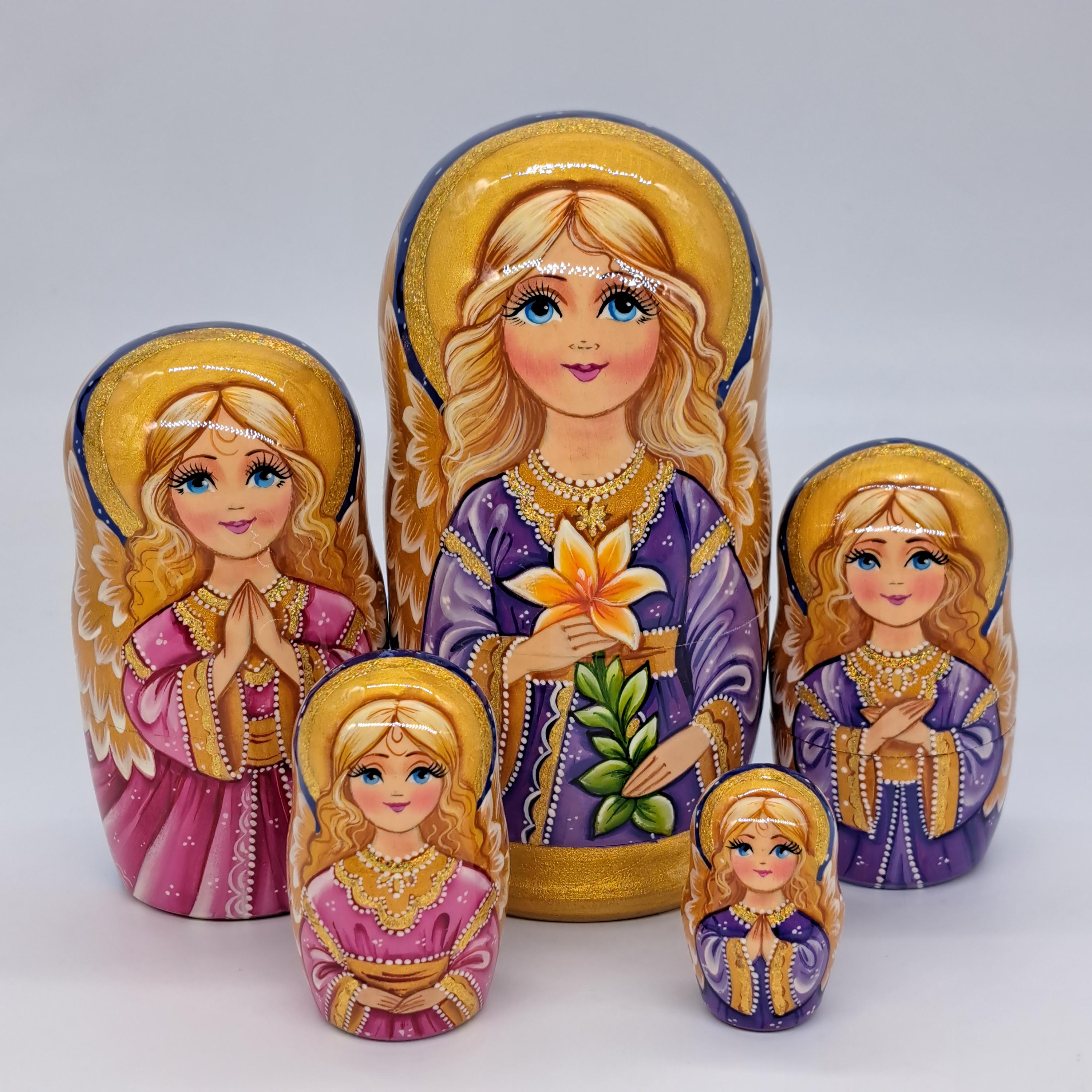 "Matrioska 5 in 1 \"Angelo\" da 7 pollici, realizzata a mano in Ucraina, giocattolo in legno, bambole impilabili"