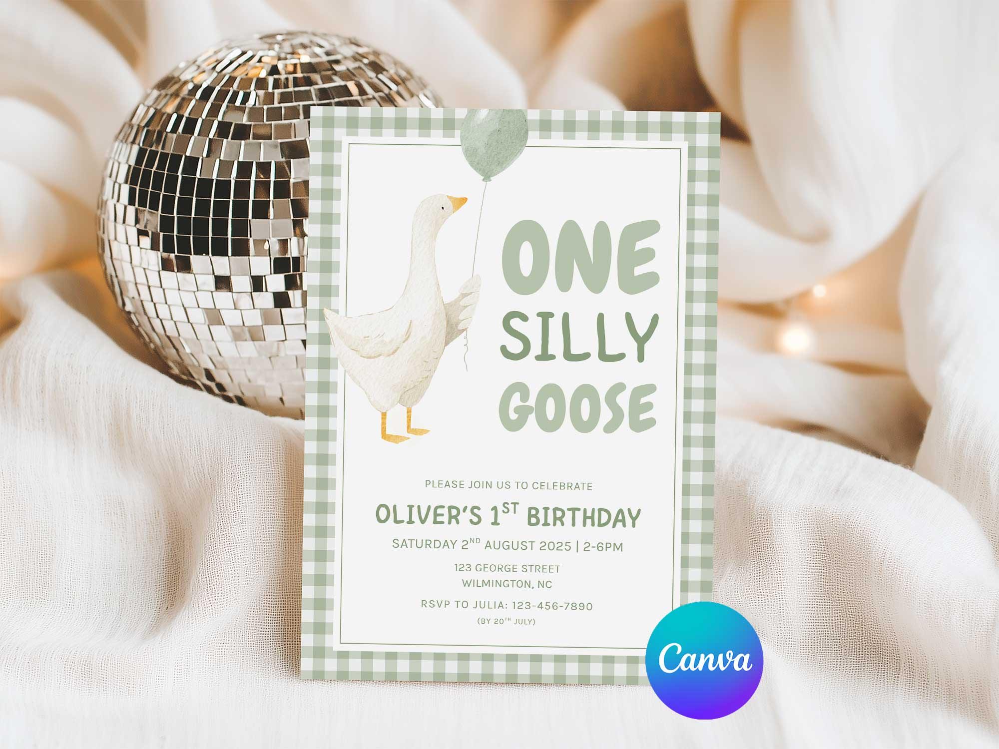 Modello di invito di compleanno per Silly Goose di Sage One, invito stampabile per il primo compleanno, invito per il primo compleanno di Silly Goose,