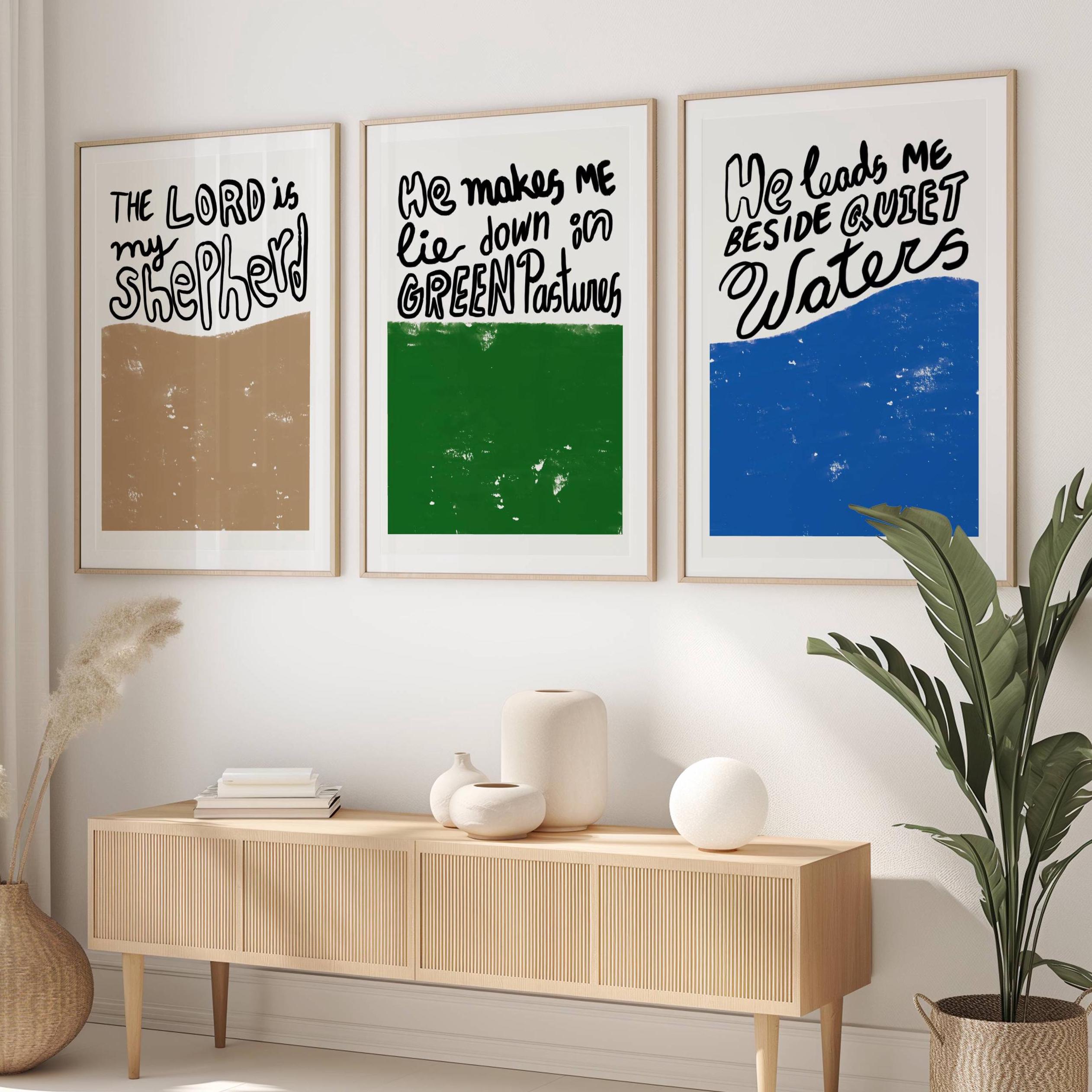 Set di 3 moderni set di arte murale cristiana, stampe artistiche del versetto della Bibbia del Salmo 23, poster colorato delle scritture bibliche del