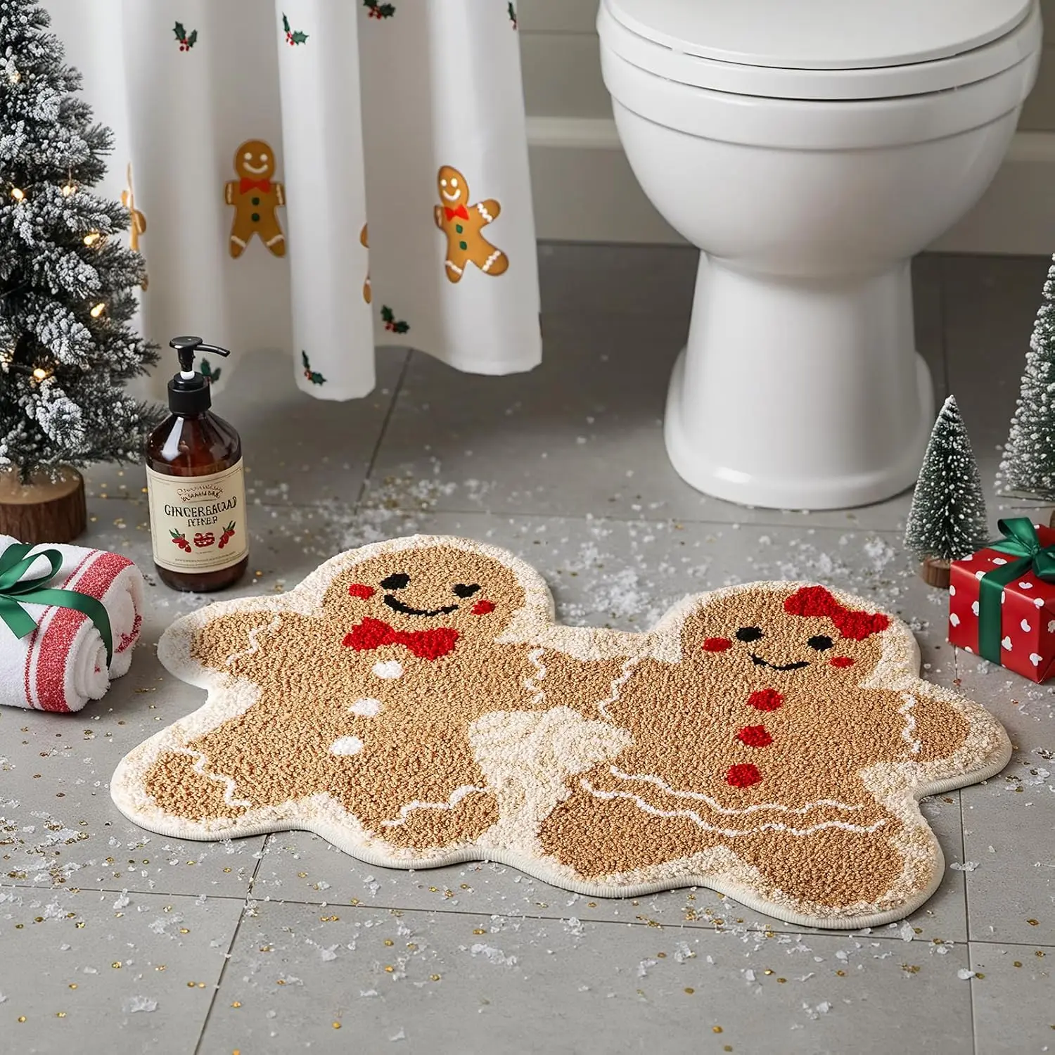 VIKAMA Weihnachten Cartoon Paar Lebkuchenmann Teppich Badezimmer rutschfeste saugfähige Fußmatte Indoor Outdoor Wohnzimmer Fußmatte Image