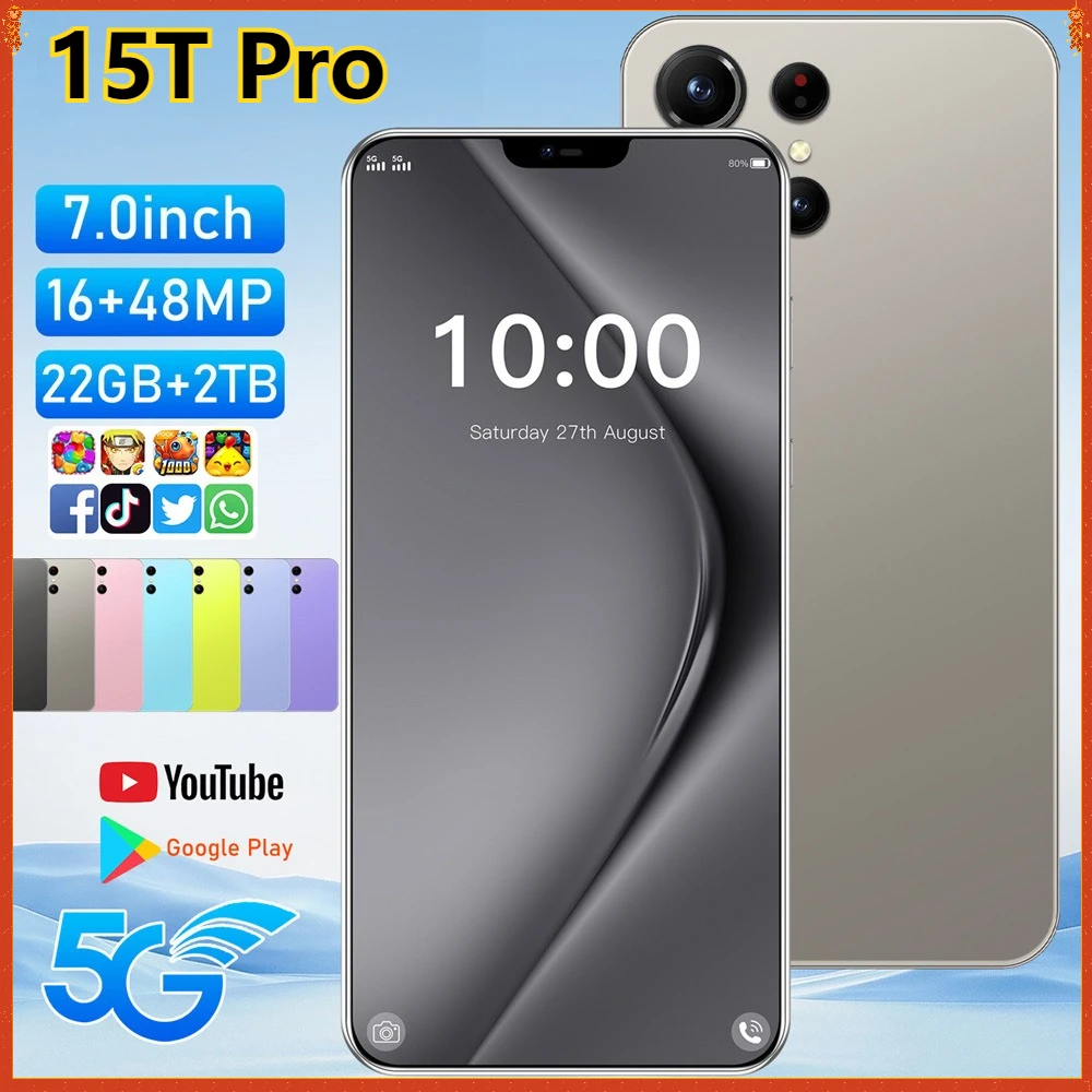 New 15T Pro Smartphone 5G Android 7.0HD Original 22G+2TB Mobile Phone Dual Sim 8000mAh Unlocked Cell Phone Global Version