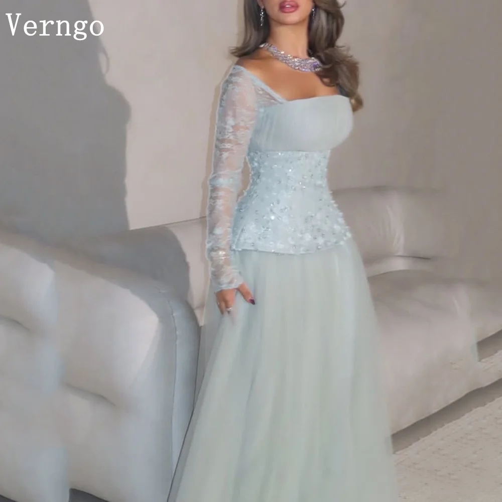 Verngo Mintgrünes Tüll-Abendkleid mit Pailletten, quadratischem Kragen, volle Ärmel, A-Linie, Ballkleider, Saudi-Arabien, Partykleid, individuell gestaltet Image