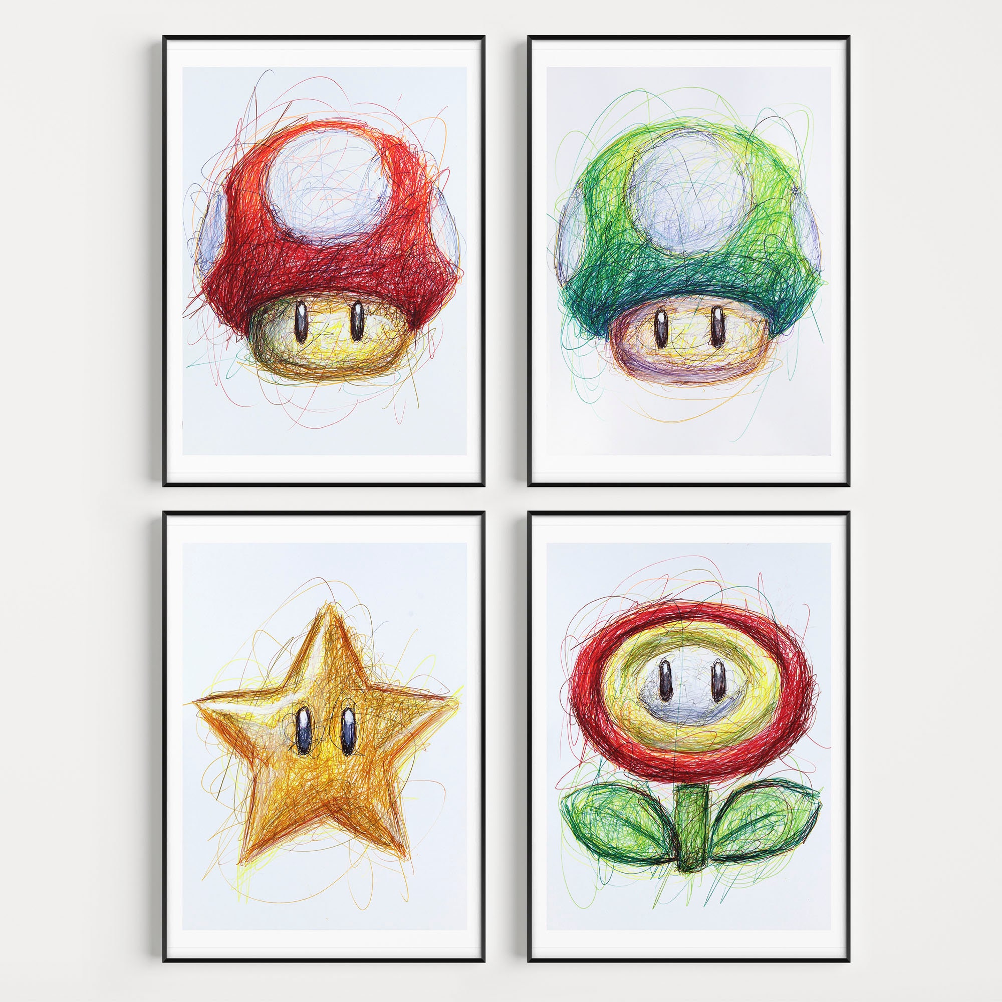 Set di stampe con penna a sfera Super Mario Power Up, 4 stampe, fiore di fuoco, fungo, 1 Up, opera d'arte a forma di stella, stampa artistica Nintendo