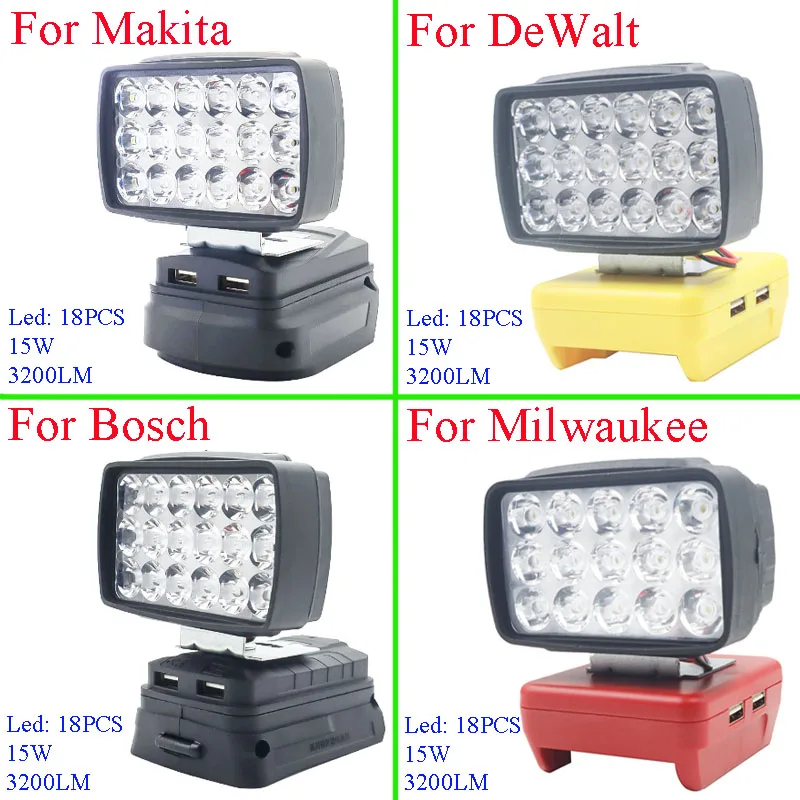 15W 3200LM Auto LED Arbeit Licht Taschenlampe Camping Lampe Für Makita Für DeWalt Für Bosch Für Milwauke BoDa Li-Ion batterie USB Power Bank Image