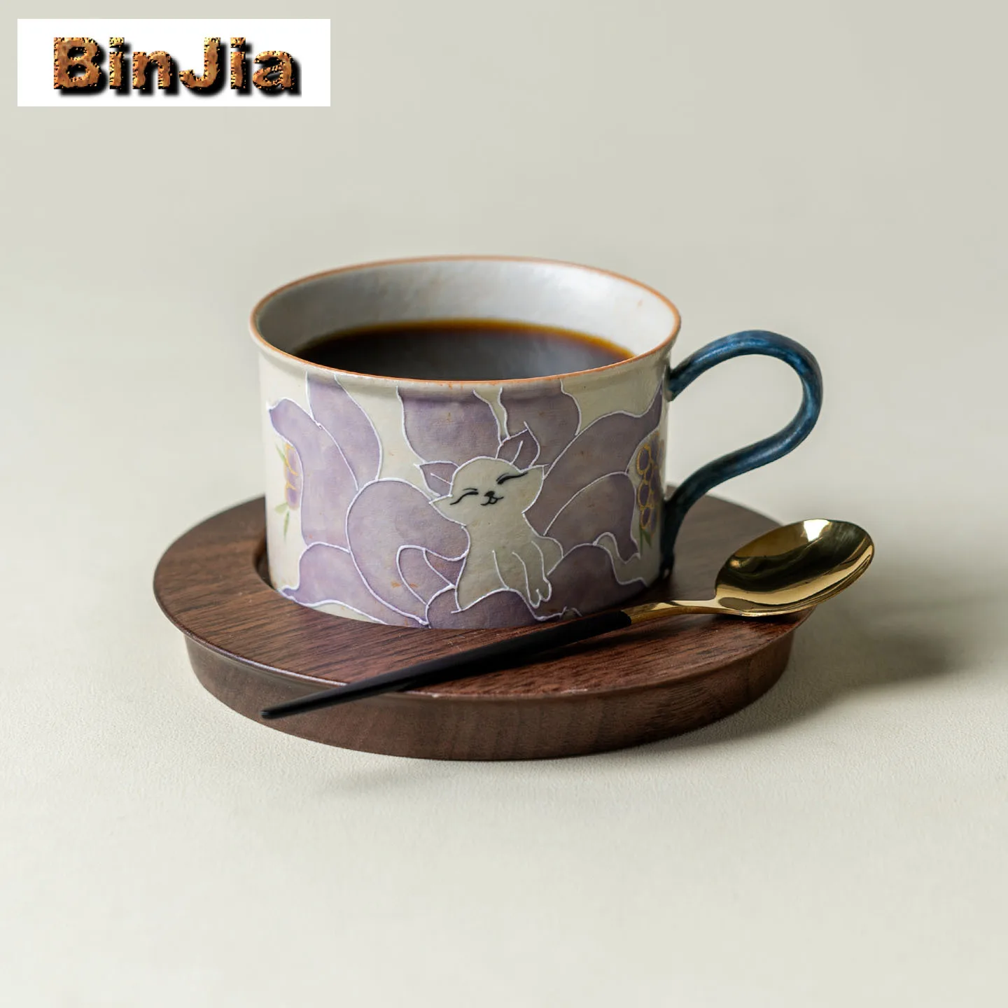 140ml Hand Painted Nine-tailed Fox Coffee Mug with Plate Breakfast Mug Afternoon Tea Mug Household Cup Saucer Kit Tea Services