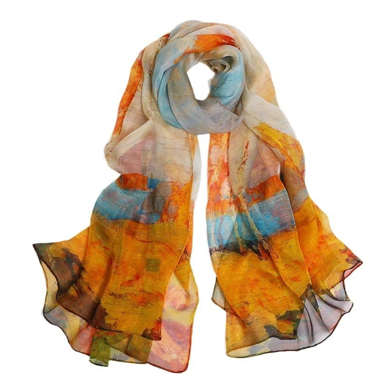 Frühling Sommer 100% Seide Schal Schal Hijab Wrap Frauen Lange Dünne Blume Strand Schals 180*110 cm Image