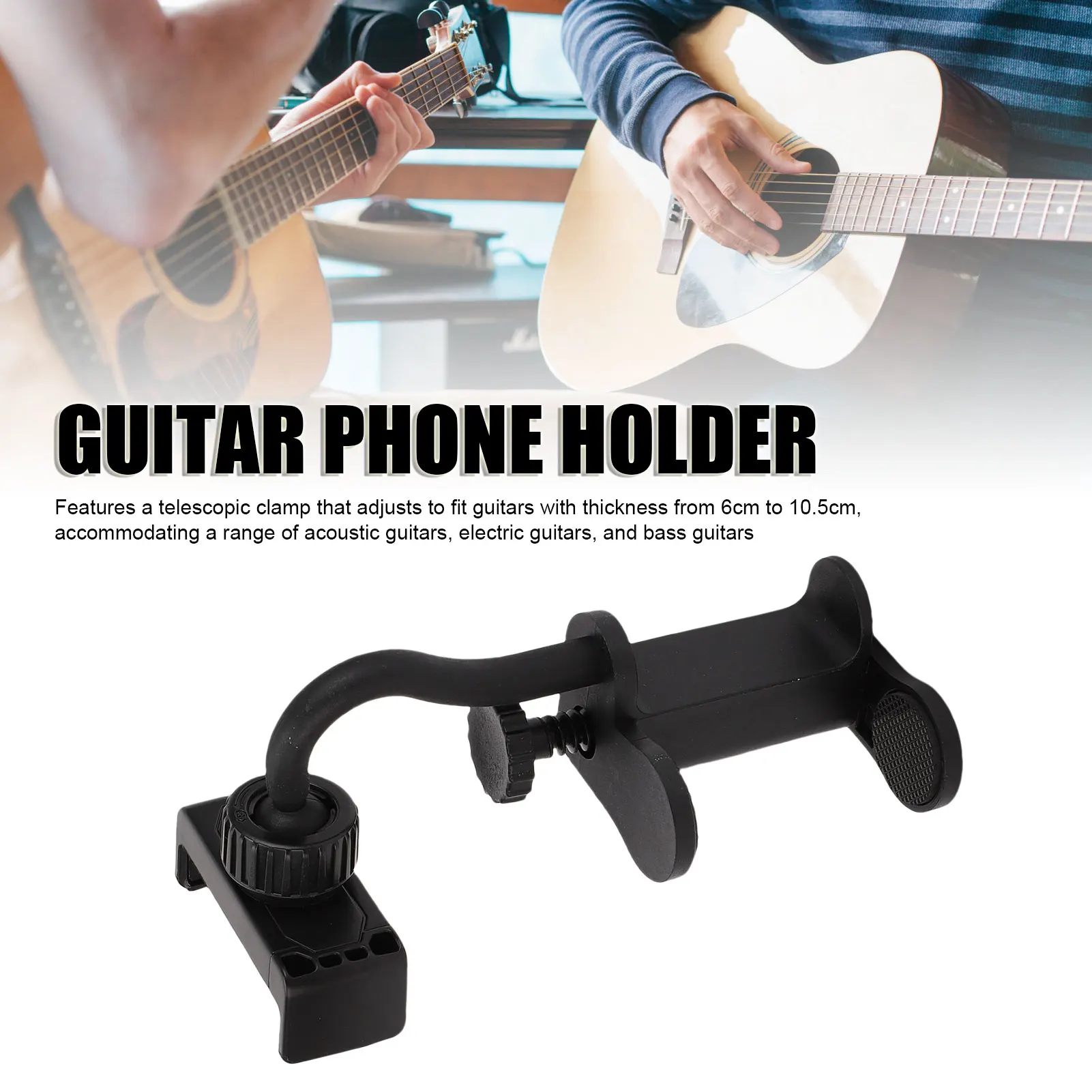 Support de téléphone pour guitare, support à pince réglable pour Smartphone, pour guitares basses de 6 à 10.5cm d'épaisseur, ukulélés, support de téléphone pour guitare noire