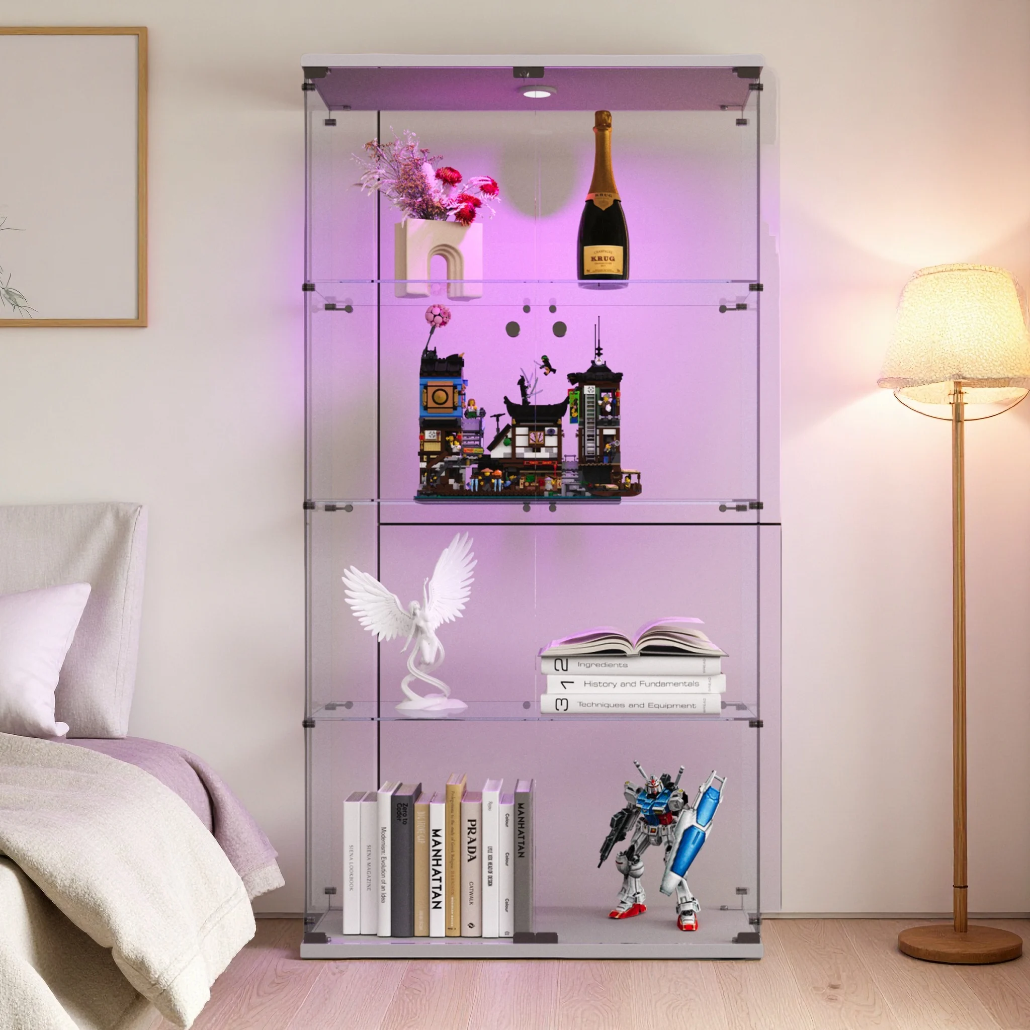 Anajqaqia Zweitüriger Glasvitrine, 4 Regale mit Tür, bodenstehendes Curio-Bücherregal, mit LED-Leuchten