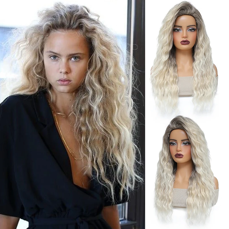 28-Zoll-flauschige lockige Perücke, lange Wasserwelle, freier Teil, Haarperücke für Frauen, natürliche synthetische lockige gewellte Haarperücke, Cosplay, täglicher Gebrauch Image