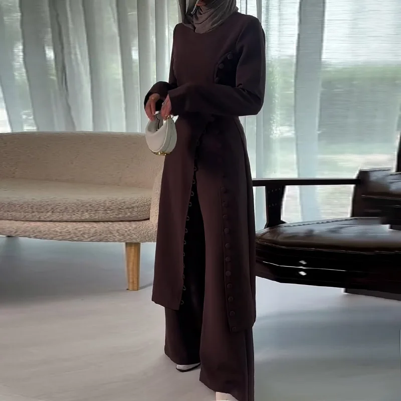 Zwei Stück Set Frauen Lange Robe Top Breite Bein Hosen Anzug Ramadan Marokko Dubai Islam Casual Ensemble Femme Muslimischen Arabischen Outfits Image