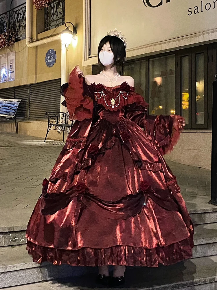 Schönheit Prinzessin Kleid Roter Lolita Rock Langes Kleid Elegantes Lolita Outfit Schwerindustrie Rock Blume Rotes Kleid Rotes Passionskleid