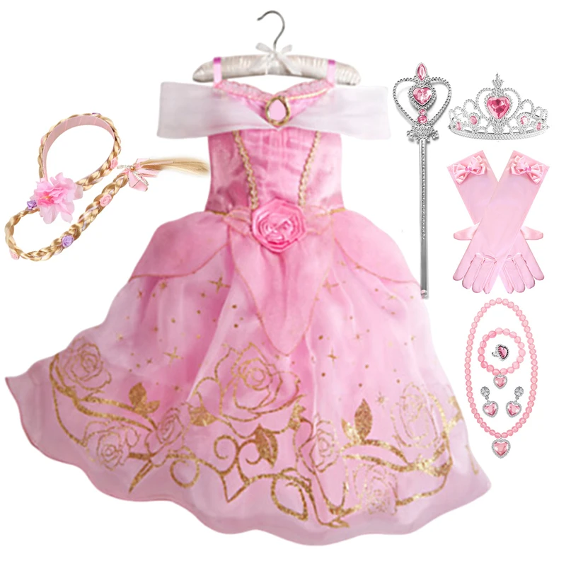 Aurora Rosa Mesh Prinzessin Kleid für Mädchen Cosplay Dornröschen Kostüm Floral Rose Print Sling Kleider Elegante Kleid Bälle 12Y