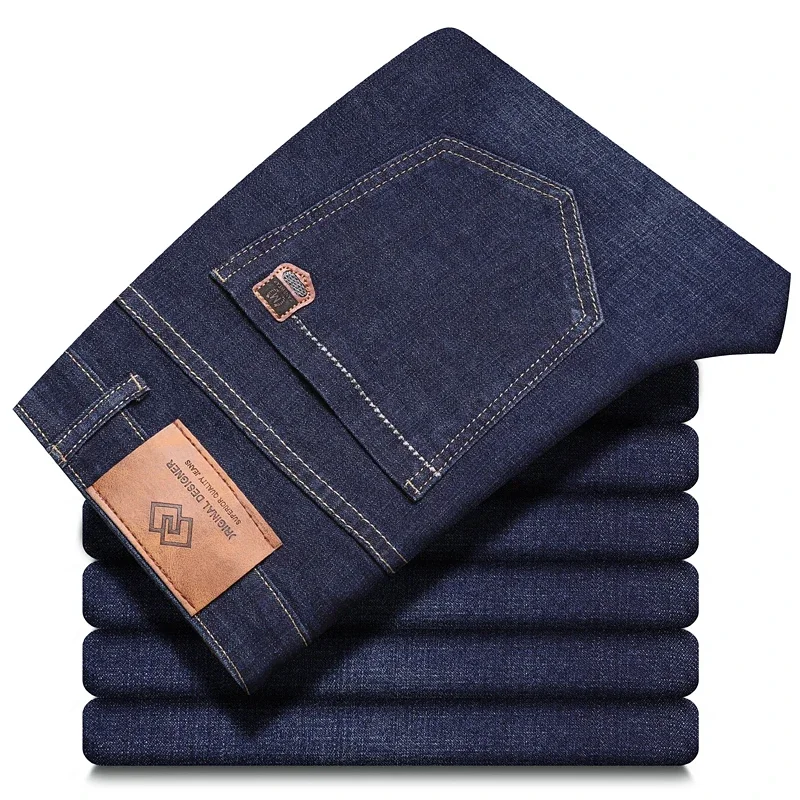 Herren-Jeans mit gerader Stretch-Passform, lässige Jeans, modische Business-Jeans, Schwarz, Blau, vier Jahreszeiten, mittlere Denim-Hose, große Größe 28–40