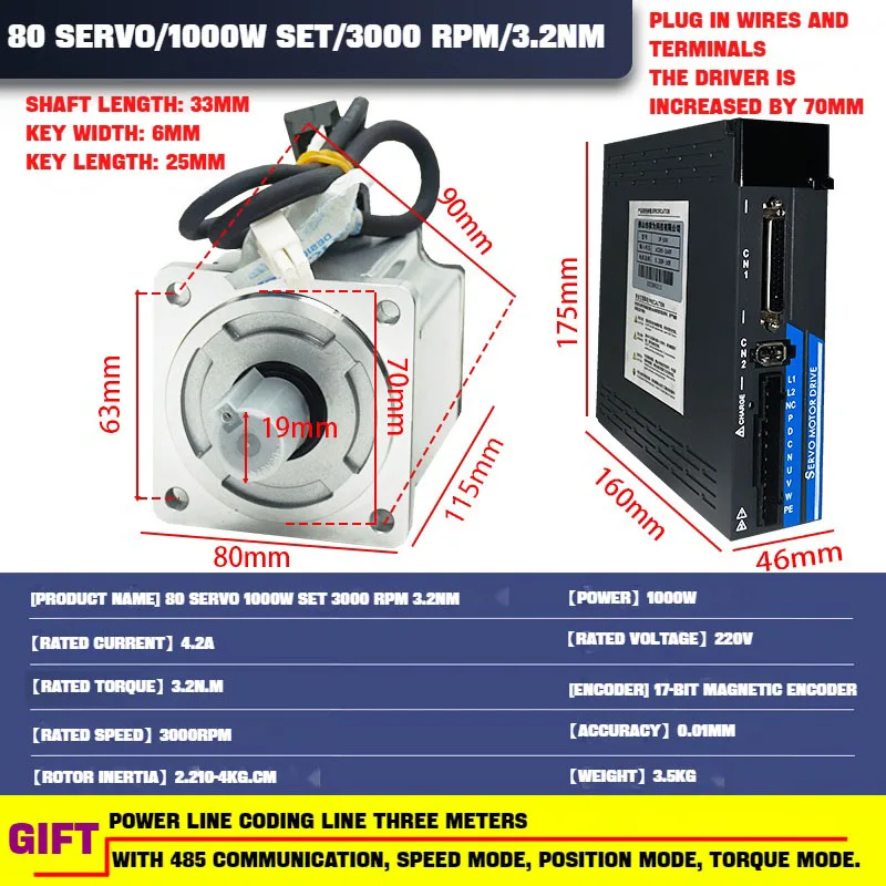 AC-Servomotor-Antriebssatz, 3000 U/min, 80ST, 1000 W, 5,8 A, 3,18 Nm, PS100-Servoantrieb, AC200–240 V, 3 m Kabel, ausgestattet mit RS485 und RS232 Image