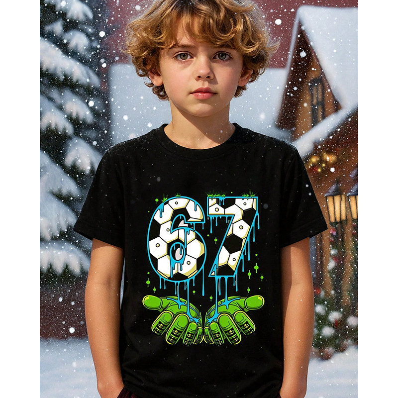 Cotton Kids Boys' Black White Graphic Football Funny Slang 67 T shirt Blouse Crew Neck Short Sleeve Outdoor Dailywear Fashion Streetwear Designer Printing Summer