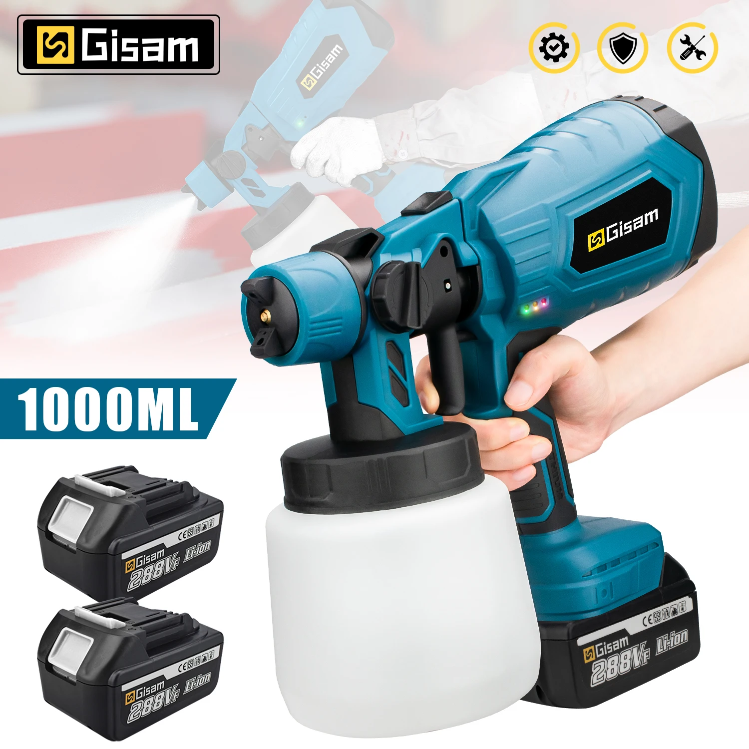 GΣ 1000 ml elektrische Spritzpistole für Zuhause, kabelloses Farbspritzgerät, HVLP, Auto-Möbel, Stahlbeschichtung, Airbrush für Makita 18 V Akku Image