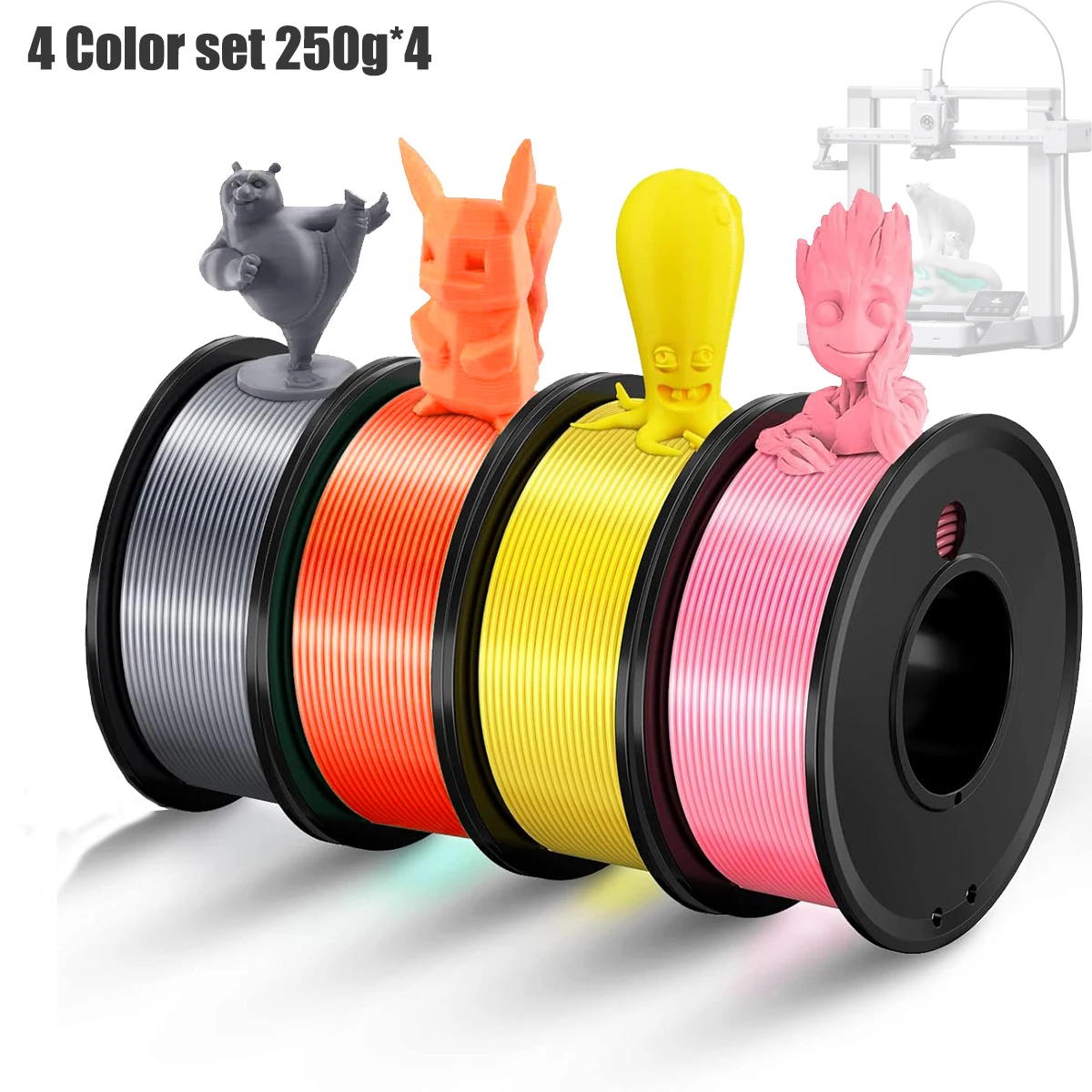 PLA 1,75 mm 3D-Druck-Lithium-Set (4 Farben): Silber, Rosa, Orange, Gelb; Genauigkeit ±0,02 mm; Vakuumverpackte Spulen; 250 g x 4