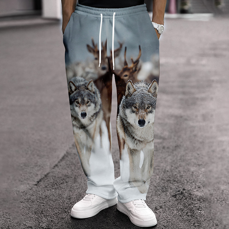 Men's Animal Wolf Reindeer Sweatpants Trousers Casual Pants Mid Waist Vintage Retro Outdoor Hunting Workout Elastic Drawstring Waist Straight Leg Pants with Pockets Spring Fall 3D Print Blue Light