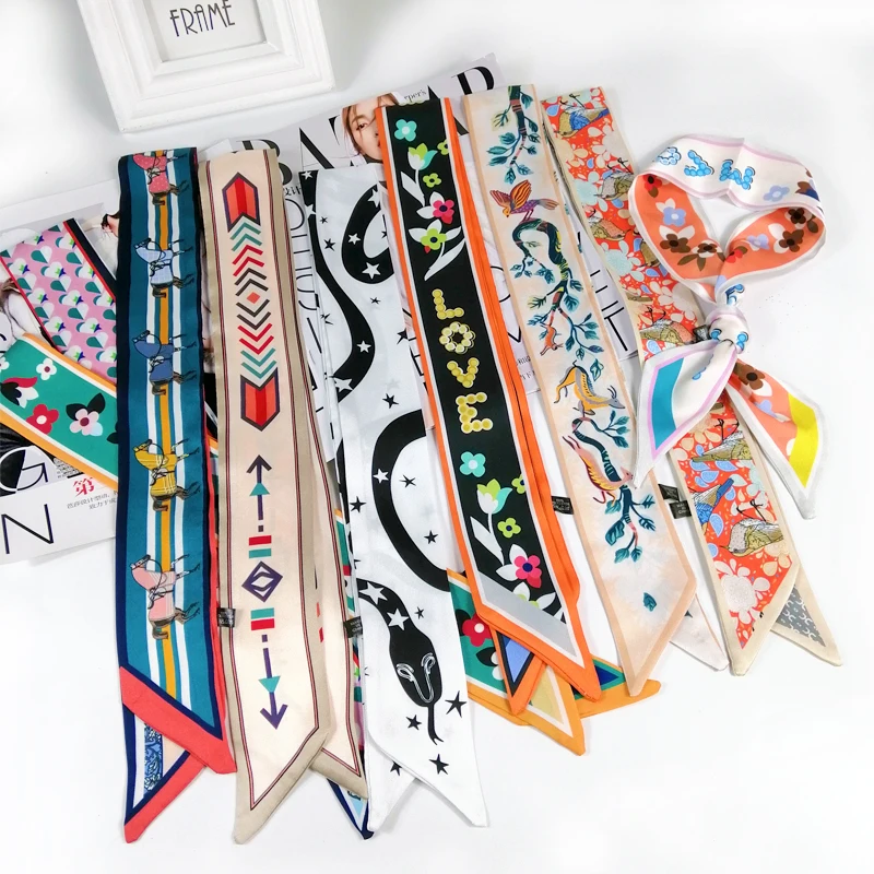 2025 schöne Druck Luxus Tasche Riemen Schal Frauen Seidenschal Mode Kopftuch Kopfbedeckung lange Schals Tasche Zubehör Band Image