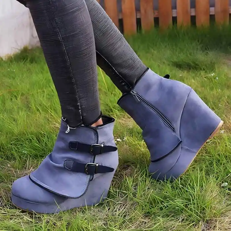 Frauen Warme Stiefeletten Mit Chunky Heel Mode Retro Botas Mujer Wildleder Keil Zipper Einfarbig Runde Kappe Schuhe Damen Kurze Stiefel