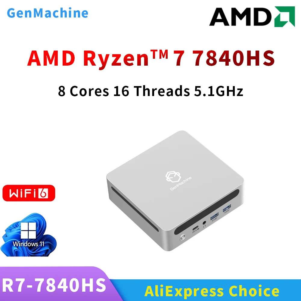 Genmachine AMD Ryzen 7 7840HS MINI PC 8 Core 16 Thread 3.6-5.1GHz 75W Windows 11 LPDDR5 32G 6400Mhz WIFI6 BT5.2 pc game