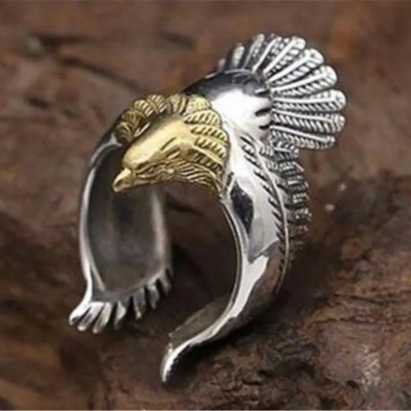 Buyee 925er Sterlingsilber, einzigartiger großer Ring, Finger, niedlicher goldener Adlerkopf, offener Ring für Männer und Frauen, Punk-Tier, edler Schmuck, Kreis