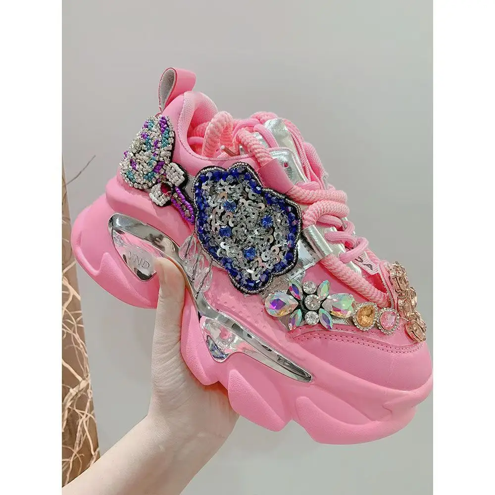 Rosa Strass-Pailletten-Perlen-Damenschuhe. Handgefertigte, lässige Sport-Damenschuhe mit Plateausohle, Größe 35–40