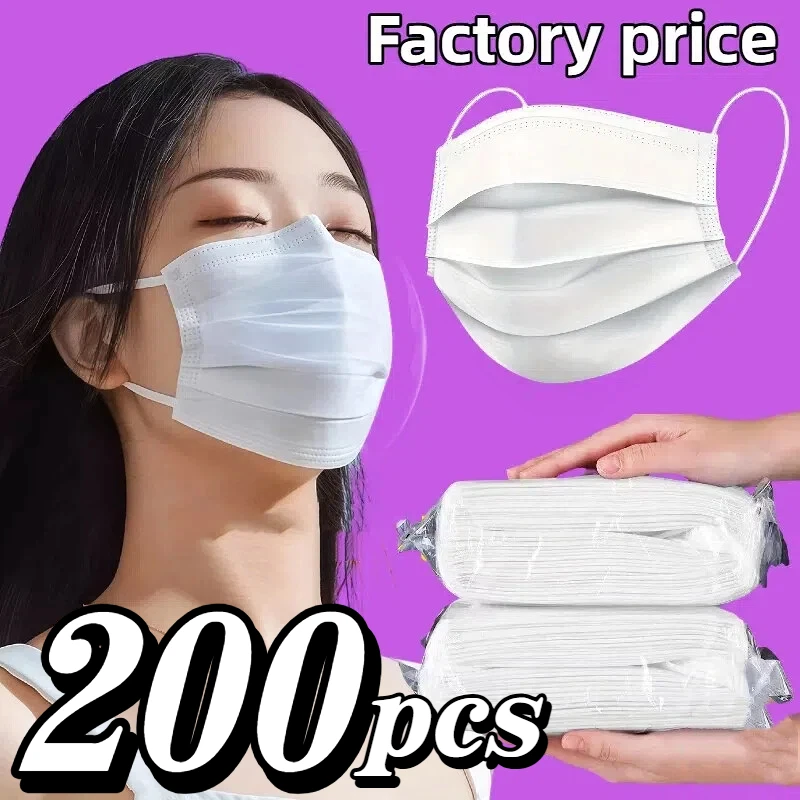 200 Stück dicke weiße Einwegmasken – 3-lagig, atmungsaktiv und bequem, verstellbare Ohrschlaufen und sichere Nasenpads – 200/100/50/10 Stück, günstig für den Heimgebrauch, kann in großen Mengen Image
