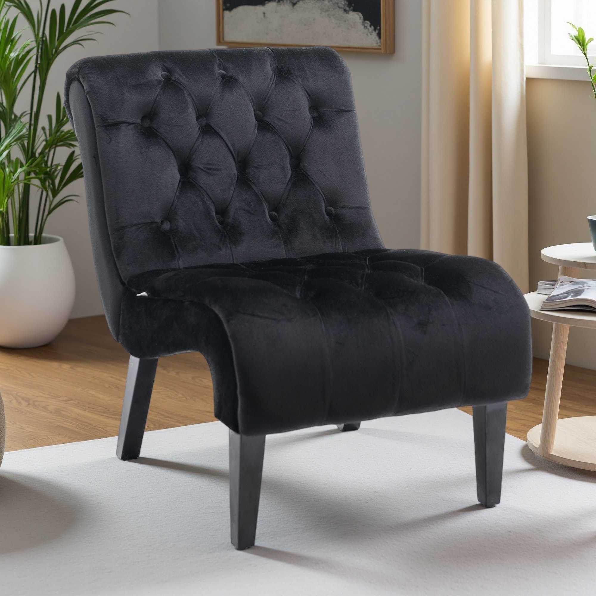 Velvet Armless Accent Chair with Button Tufted Upholstery & Wood Legs