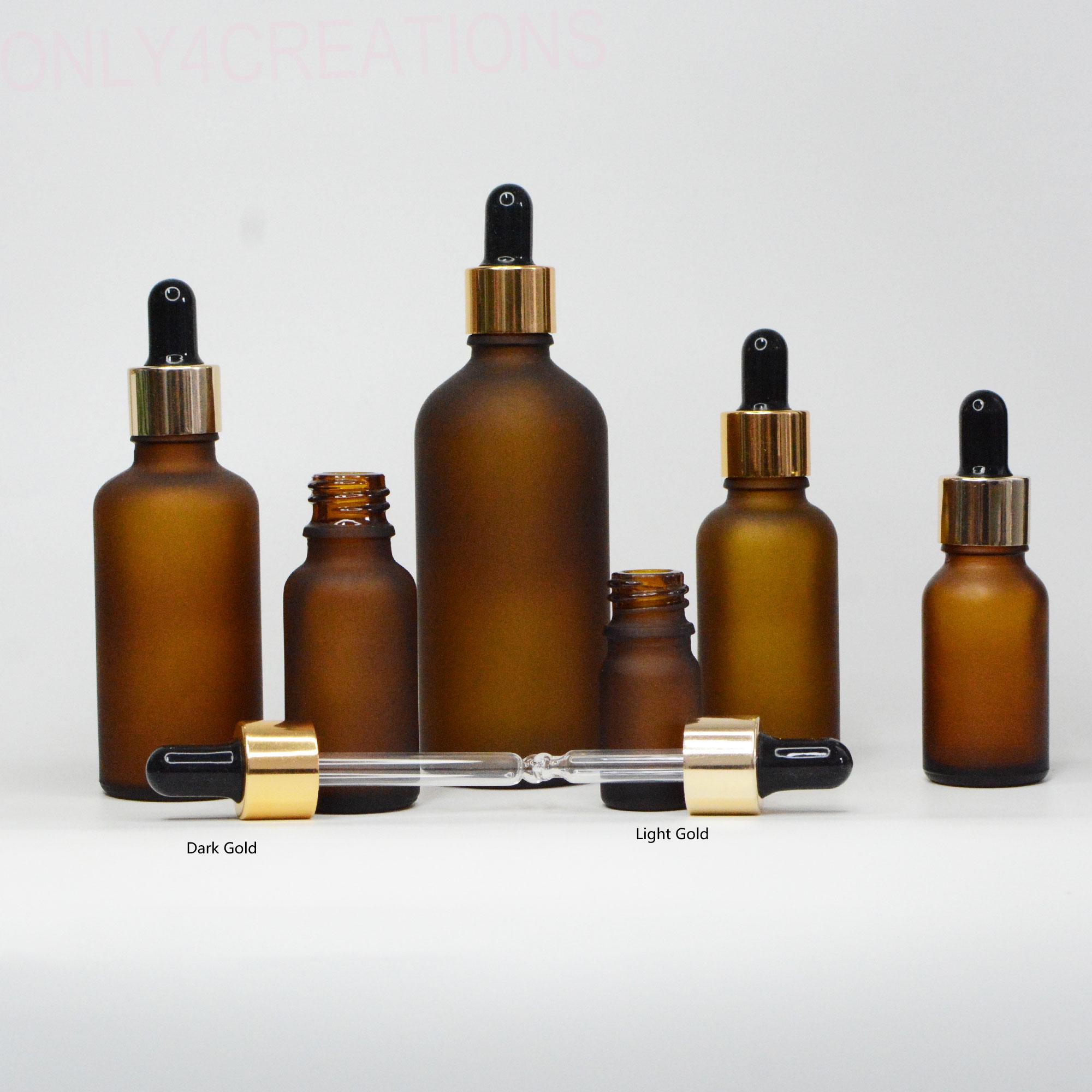 Flaconi contagocce in vetro ambrato satinato Boston da 5 ml, 10 ml, 15 ml, 20 ml, 30 ml, 50 ml, 100 ml, oro scuro/oro chiaro, contagocce per cosmetici