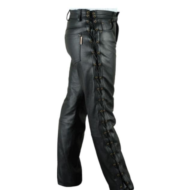 Pantaloni in pelle di pecora nera fatti a mano per uomo | Pantaloni in pelle con lacci per uomo | Jeans da motociclista in vera pelle di pecora slim f