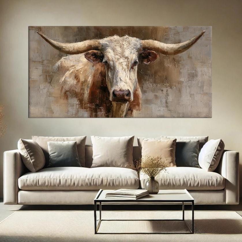Stampa rustica di Longhorn, stampa su tela di toro, dipinto di toro da fattoria, decorazione da parete con animali western, stampa su tela con testa d