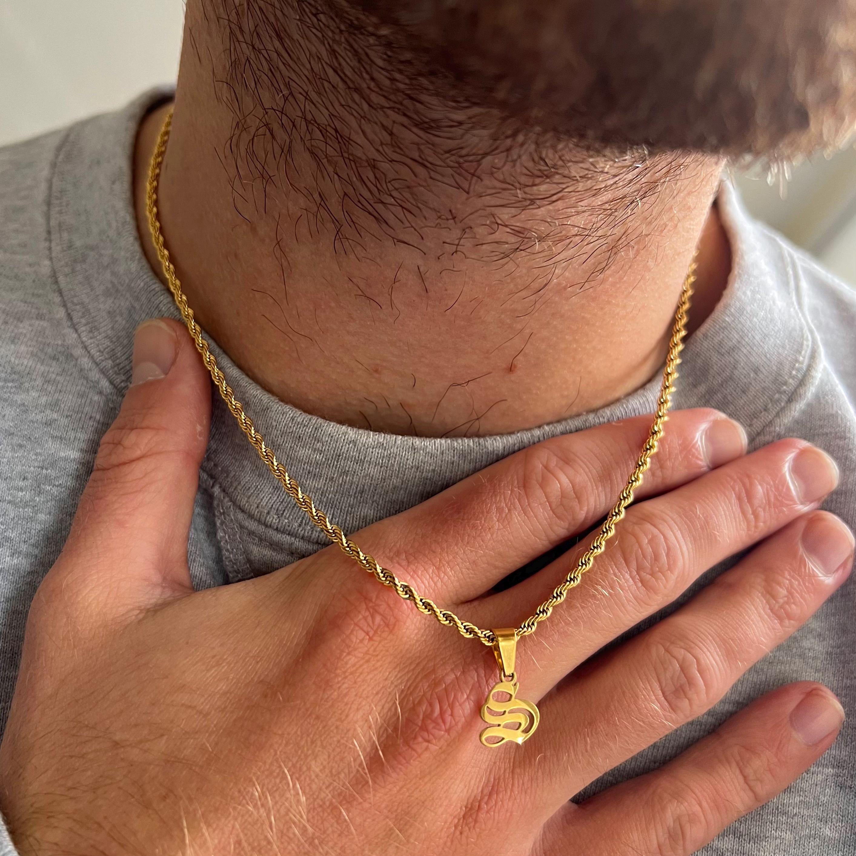 Collana con iniziale inglese antica in oro 18 carati per uomo - Collana con ciondolo con lettera iniziale da uomo - Catena in corda d'oro con iniziale