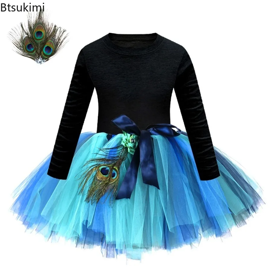 Neue kinder Halb Rock Set Rundhals Langarm T-shirt Top Pfau Feder Mesh Kurzen Rock Zwei Stück Set Cosplay kostüme Image