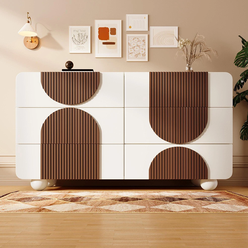 KOMHTOM Kommode Sideboard mit 6 Schubladen Weiß - Geschwungenes Design, Leise Schiebe-Schubladen & Kippsicherung Image