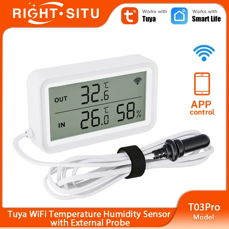 Tuya Temperatur- und Feuchtigkeitssensor mit externem Temperatursensor, WiFi-Version, T03Pro, RightSitu, funktioniert mit Yandex Alexa Image