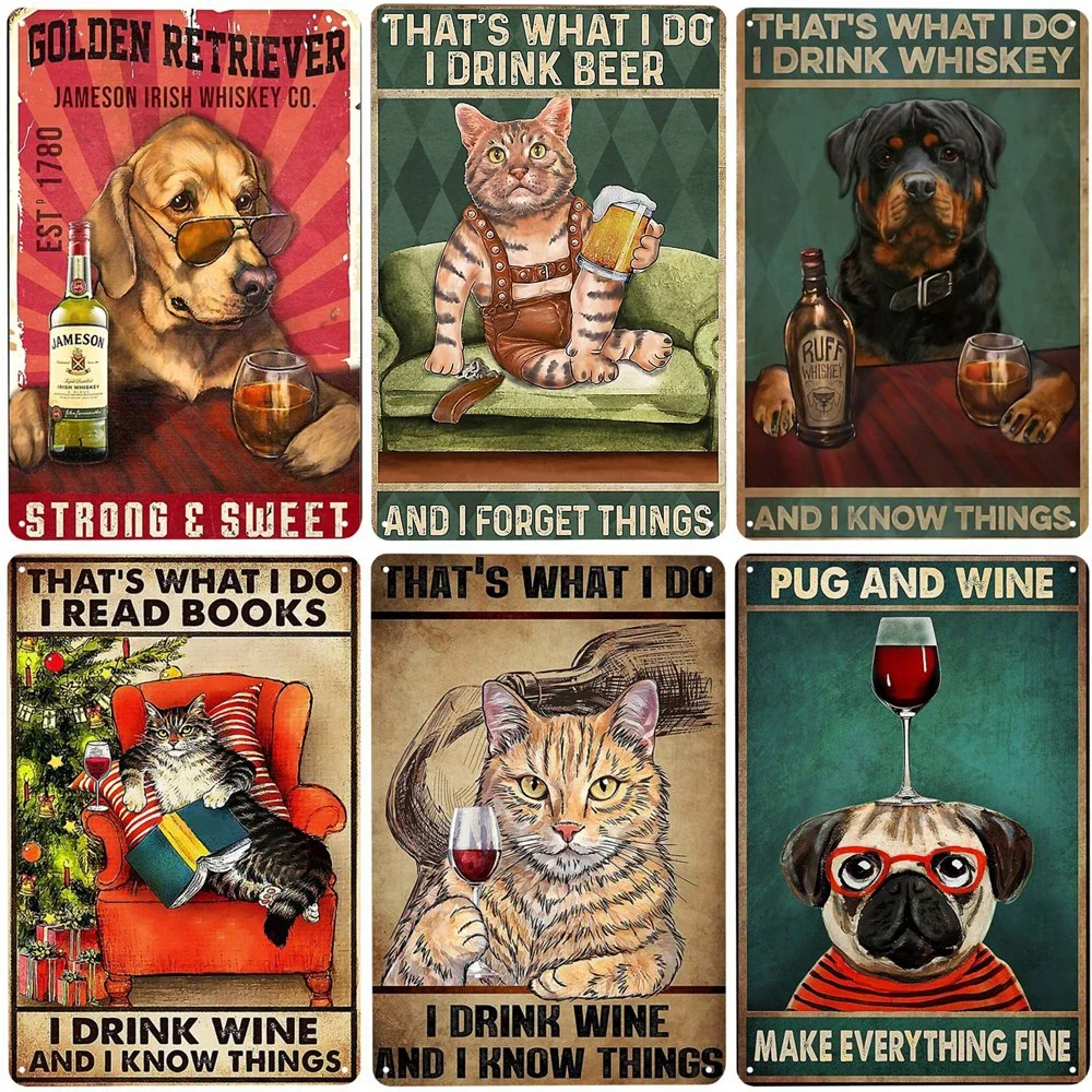 Katzen und Wein Vintage Metallschild Hund und Bier Wanddekoration für Bar Home Club Let Evening Be-Gin Blechplakat Lustiger Teller Image