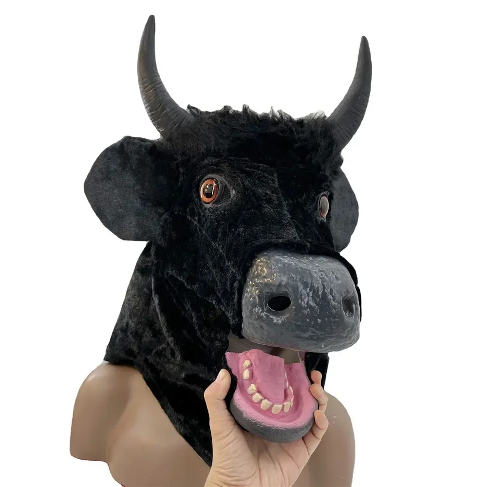 Realistico bocca in movimento corno maschera horror mucca nera peluche copricapo carnevale di Halloween festa in maschera costume animale puntelli
